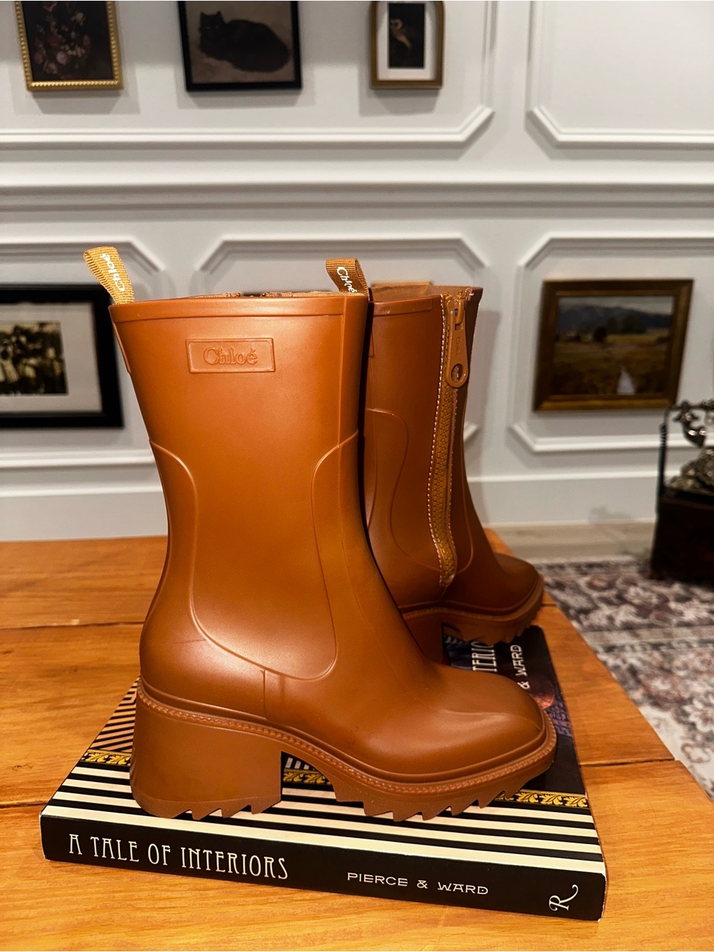 Chloé Betty Rubber Rain Boots Brown Tan Mid-Calf Block Heel Size [EU 37 or US 7]
